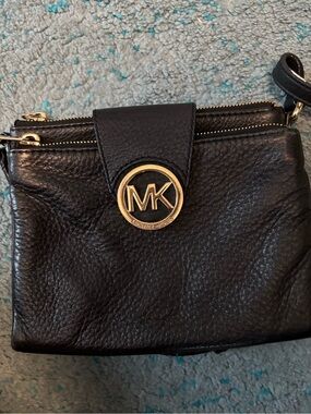 Michael Kors Black Pebbled Leather Small Crossbody Bag with Gold MK Emblem